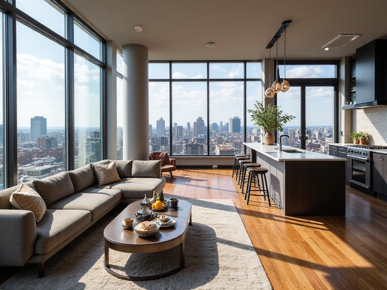 Modern high-rise apartment in Williamsburg with rooftop access